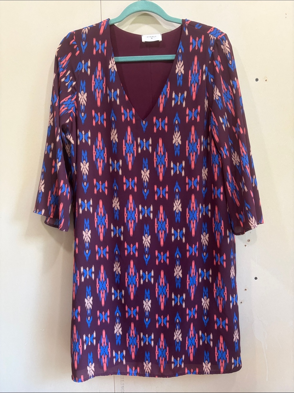 Everly Purple Tribal Print Sheath Tunic Dress Three Quarter Sleeve Size L